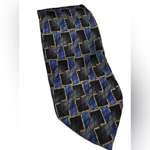 LOUIS ROTH 100% Silk Geometric Tie Black Blue Classic Men’s Woven Extra Long